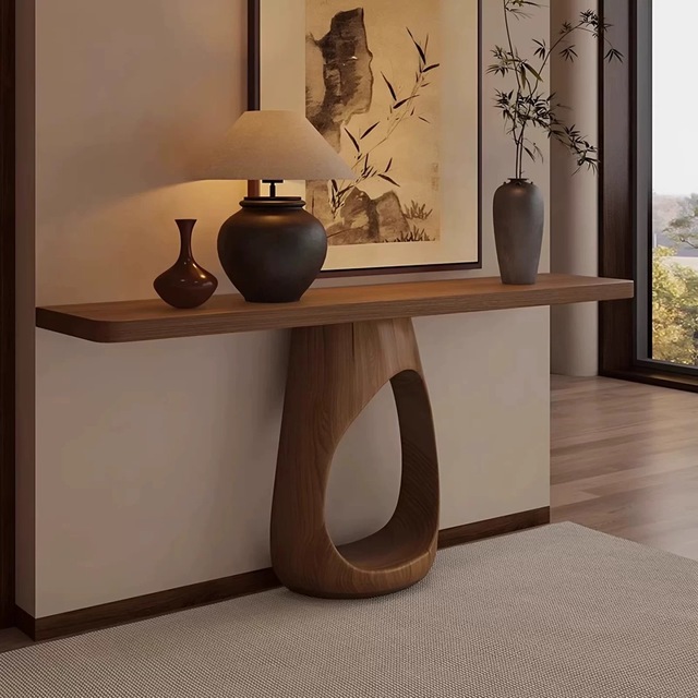 Modern Solid Wood Console Table Unique Hollow Base Entryway Table Natural Walnut Color Console Table for Living Room Hallway