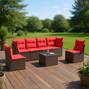 ชุดโซฟาลานบ้านหวายโพลี 7 ชิ้น เฟอร์นิเจอร์กลางแจ้งสีน้ำตาลพร้อมเบาะรองนั่งสไตล์ร่วมสมัย - Product Image 2