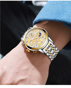 MOQ 50ชิ้นทำให้แบรนด์ของคุณโลโก้ที่กำหนดเองกลวงออกใบหน้าโครโนกราฟการเคลื่อนไหวควอตซ์สแตนเลสหรูหรานาฬิกาข้อมือสำหรับผู้ชาย - Product Image 5