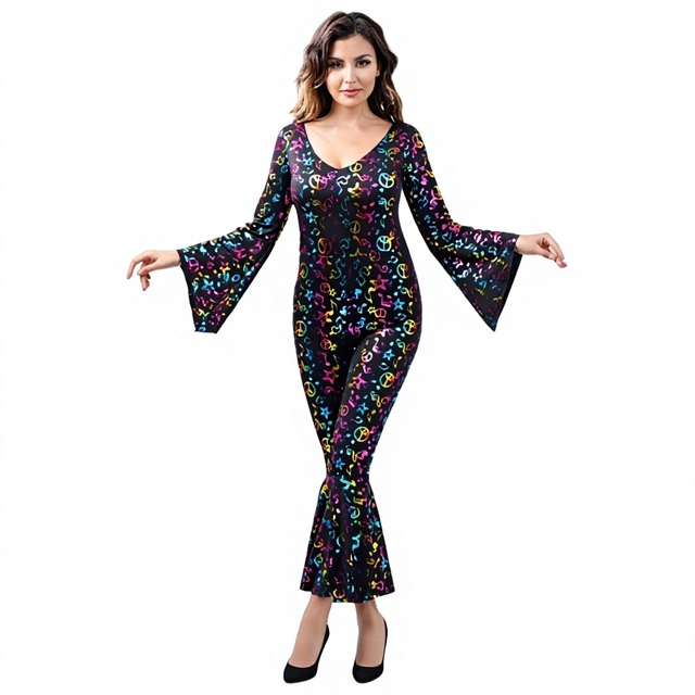 Echo Disco Note Onesie with Pants Stretchy Fabric Bright Colors Shiny Stage Costume for Women's Adult Dance Parties and Cosplay