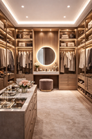 Système de dressing modulable autoportant minimaliste sur mesure avec îlot de rangement et éclairage LED, rangement multi-zones pour appartement et chambre
