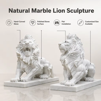 YOUFINE Sculpture de lion assis en marbre blanc sculpté à la main, statues de gardiens pour la décoration d'entrée de villa