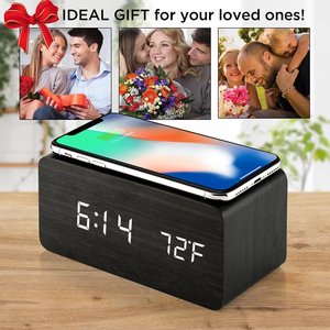 Cargador Inalámbrico de Bambú de 15W con Reloj, Pantalla de Temperatura, Despertador y Base de Carga para iPhone y Samsung Galaxy, de Fábrica OEM - Product Image 1