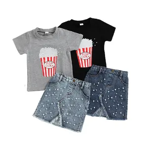 2022 Summer Kids Clothing Sets Round Neck Short Sleeve Popcorn Printed T Shirt Denim Pearl Skirt 2PCS Cute Baby Girl Clothes