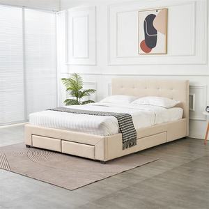 เตียงหุ้มเบาะสไตล์นอร์ดิก ขนาดควีนไซส์คู่/คิงไซส์ หัวเตียงนุ่มประดับกระดุม โครงไม้ พร้อมที่เก็บของ 4 ช่อง - Product Image 2