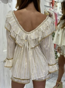 Hermoso diseñador corto Boho Touch Ruffle cuello mujeres Combo Set blanco espejo adornado y encaje Trim Lurex conjunto de algodón - Product Image 5