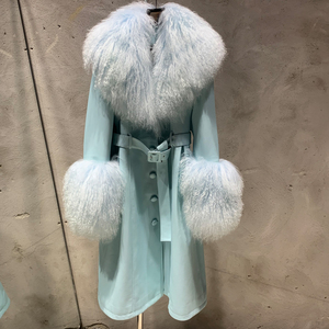 Popolare <span class=keywords><strong>cappotto</strong></span> lungo in pelliccia 2025 donna blu chiaro <span class=keywords><strong>cappotto</strong></span> lungo con pelliccia mongoliana - Product Image 1