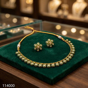 Indian Traditional Kundan Meenakari Copper Base Necklace <b>Set</b> Gold Plated Green Enamel Teardrop Choker with Floral Stud Earrings - Product Image 2