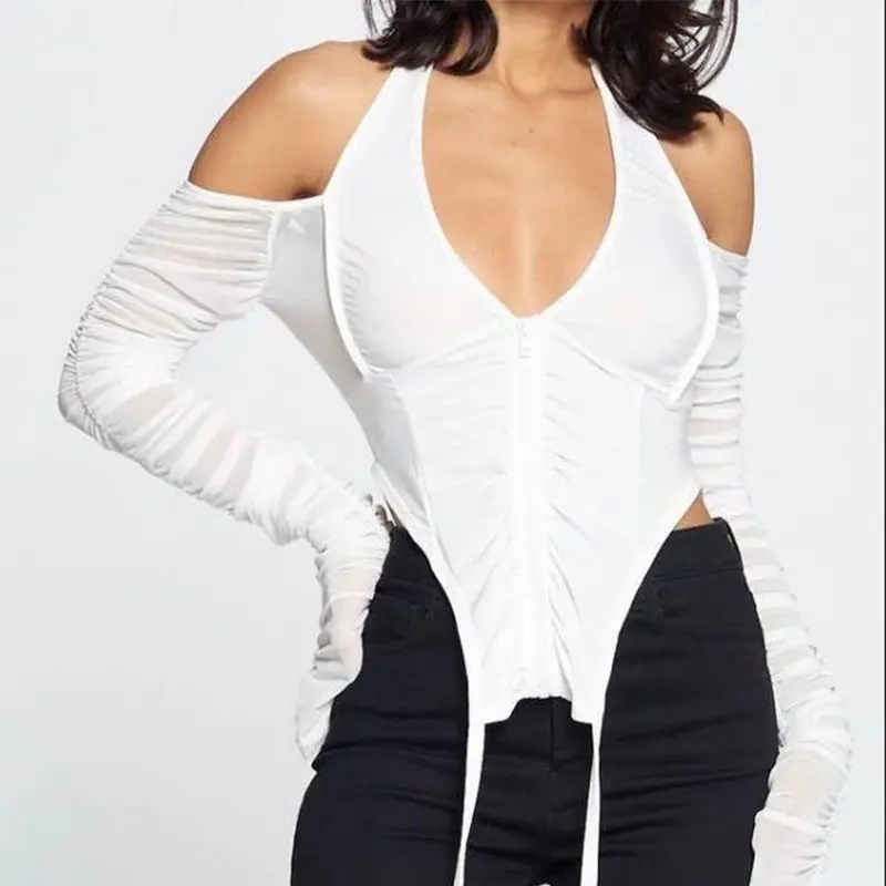 Fashion WomenのClothing 2020 Autumn V-neck Tops Lace Mesh Transparent T-shirt Long Sleeve Crop Top