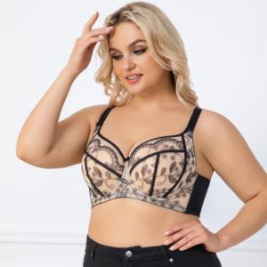Reggiseno in Pizzo Plus Size Personalizzato, Sexy con Scollo Profondo a V, Push-up, Ricamo Floreale Nero e <span class=keywords><strong>Nude</strong></span>, Stile Europeo, Comodo con Ferretto - Product Image 5
