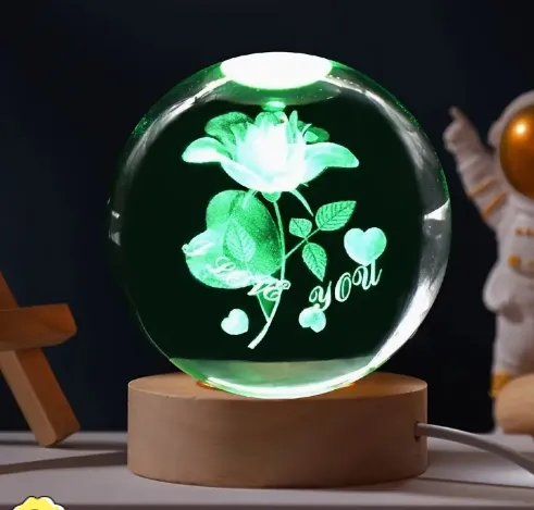 60mm 3D Rose boule de cristal bureau LED veilleuse boule lampDecoration fête saint valentin noël cadeau d'anniversaire