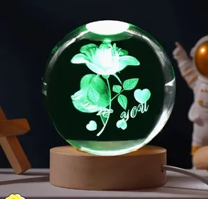 Gift 60mm 3D Rose Crystal Ball Desktop LED Night Light Ball LampDecoration Party Valentine's Day Christmas Birthday Gift