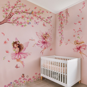 Decorazione per la casa rosa albero ramo uccello farfalla con fata ragazza autoadesivo adesivo da parete per camera da letto bambini decorazione per la casa - Product Image 4