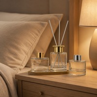 Lot de 3 Bouteilles en Verre pour Diffuseurs à Bâtonnets avec Plateau en Bois, Bouchons Dorés et Argentés Personnalisables pour Huiles Essentielles et Décoration Intérieure