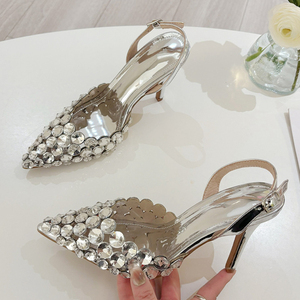 Elegant Pointed Toe Slingback Stiletto <b>Sandals</b> Crystal Diamonds Waterproof Handmade Women Pumps High Heels Summer Wedding - Product Image 6