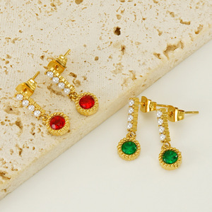Zogxin Drop <b>Earrings</b> Gold Plated Pearl <b>Red</b> Green Stone Bezel Setting Everyday Wear Stainless Steel <b>Earrings</b> - Product Image 4