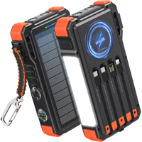 Batterie externe solaire 20000mAh, charge rapide 45W, câbles intégrés, chargeur portable sans fil étanche pour l'extérieur avec lumière LED