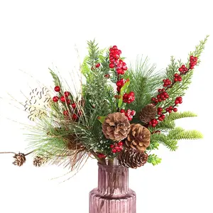 FCC-1121 Kunstmatige Rode Bes En Pine Cone Kerst Picks Met Hulst Takken Voor Vakantie Decoraties