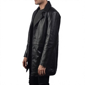 <b>Men's</b> Genuine Leather Eco-Friendly Breathable Waterproof Anti-Wrinkle Mandarin Collar <b>Double</b> <b>Breasted</b> Long Winter <b>Overcoat</b> - Product Image 3