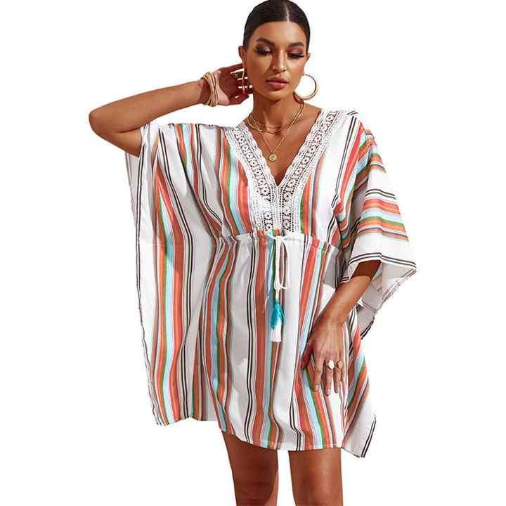 Cotton and lace beach dress sexy V-neck vacation sunscreen shirt bikini overshirt