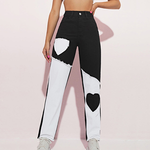 Pantalon droit en denim à deux tons avec patch en forme de cœur, en coton sergé, pour femmes, <span class=keywords><strong>taille</strong></span> <span class=keywords><strong>haute</strong></span>, pantalon déchiré, marque streetwear - Product Image 1