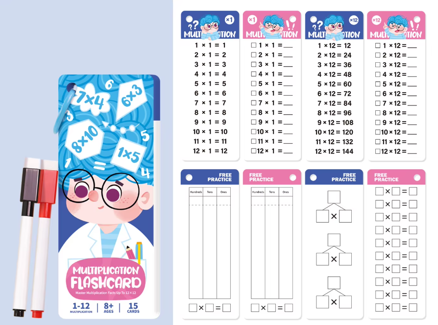 Paquete de 3: Tarjetas didácticas de ejercicios de multiplicación.