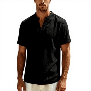 Men's Henley <b>Shirt</b> 100% French Linen Single Button 140g Breathable Stand Collar Outdoor Short Sleeve Casual Comfortable Summer - Product Image 3