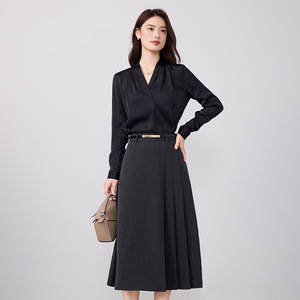 Women's Suit Set Black Shirt Midi Skirt Full Sleeve Satin Office Lady Spring Anti-Wrinkle Professional Attire - Product Image 3