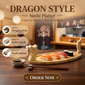 Bandeja de <span class=keywords><strong>Sushi</strong></span> de Bambú Tallada a Mano de Lujo con Diseño de Barco Dragón, Plato de Sashimi de Arte Oriental para Restaurantes y Eventos de Alta Gama - Product Image 1