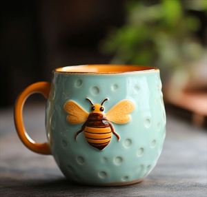 Taza de Cerámica con Diseño de Abejita Realista, Adornada con Perlas, con Tapa, Cuchara y Asa, Reutilizable, de Color Claro, Estilo Chino, para Té, Latte o Café - Product Image 2