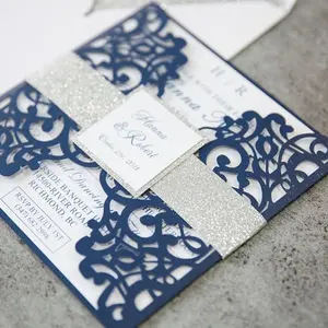 Tarjetas de invitación de boda con purpurina azul marino de alta calidad, tarjetas de invitación de boda con corte láser plegables, baratas