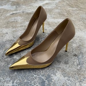Escarpins à bout <span class=keywords><strong>pointu</strong></span> pour femmes avec embout métallique, chaussures à talons hauts bicolores patchwork, bordeaux, or, marron, argent, noir - Product Image 4