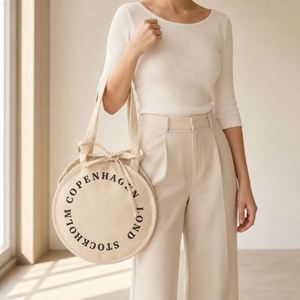 Beige Round <b>Drawstring</b> <b>Canvas</b> Tote <b>Bag</b> Copenhagen Stockholm Print Cotton Shoulder <b>Bag</b> for Shopping Travel Daily Use Custom Logo - Product Image 3
