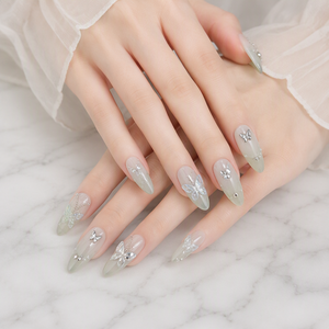 Faux ongles autocollants œil de chat vert, papillon, strass, perles, stiletto, couverture complète, 10 pièces pour doigts - Product Image 5