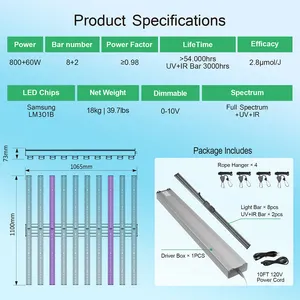 1060W 12 바 온실 삼성 조명 성장 800w 860W 1000w 1200W 660nm uv ir 방수 전체 스펙트럼 led 성장 빛 스트립