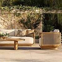 Canapé d'extérieur en teck, ensemble table basse et siège en bois massif et rotin design, mobilier de patio imperméable pour