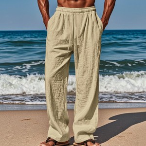 Men Wide Leg Pants Casual Loose Fit <b>Drawstring</b> <b>Trousers</b> Breathable Summer Beach Wear - Product Image 3