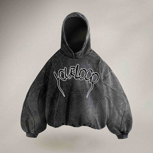 Washed Curved Stitch Seam Pullover Hoodie Custom Logo Oversized <b>Balloon</b> Sleeve Vintage Distressed Streetwear Hooded Sweatshirt - Product Image 1