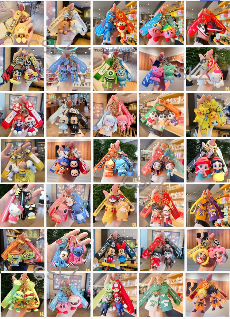 500+style Keychain Doll Car Key Bag Accessories Cute Cartoon 3D Keychains PVC Silicone Keyring with Wrist Strap Key Chain