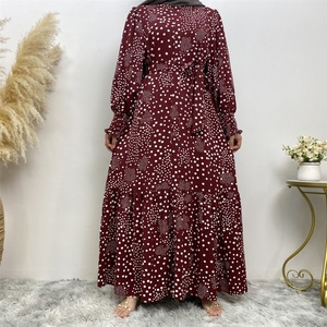 6541 #   Vestido Kaftan Musulmán Islámico Informal con Cuello Redondo, Estampado de Puntos Blancos, Puños Elásticos Plisados y Cinturón - Product Image 3