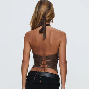 Dark Street Vintage Brown Faux <b>Leather</b> <b>Halter</b> <b>Top</b> with Metal Ring, Backless Lace-Up Cropped Vest, Sexy Slim Fit Y2K Clubwear - Product Image 6