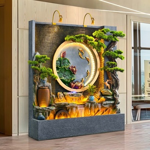 Grande Fontaine Murale Chinoise en Résine avec Cascade, Rocaille, Reliefs de Pino, Lotus et Carpes Koï, et Éclairage LED pour la Décoration de Hall et de Villa - Product Image 1
