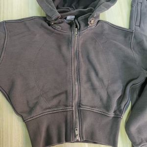 Setelan truk berat 400gsm, setelan 2 potong jas katun Fleece Crop Zip Hoodie dan Flare Sweatpants wanita musim dingin - Product Image 5