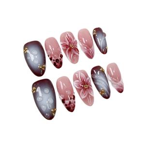 <span class=keywords><strong>Uñas</strong></span> Postizas de Almendra Hechas a Mano, Color Borgoña Ombre, con Diseño Floral 3D y Gotas de Resina, <span class=keywords><strong>Uñas</strong></span> Artísticas Románticas Oscuras, Venta al Por Mayor - Product Image 4