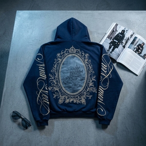 Sweat à capuche zippé doublé pour homme, coupe oversize, motif imprimé Jakis Christ the Ninth Veil Script, style streetwear gothique, bleu marine - Product Image 3