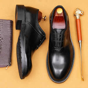 Chaussures habillées Oxford pour hommes en cuir véritable noir, bout rond, à lacets, semelle extérieure en caoutchouc, toutes saisons, pour mariage - Product Image 2