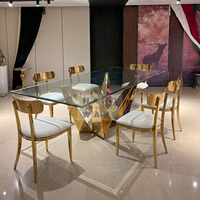 Table à manger rectangulaire moderne en acier inoxydable avec plateau en verre trempé pour usage hôtelier, mariages et événements festifs