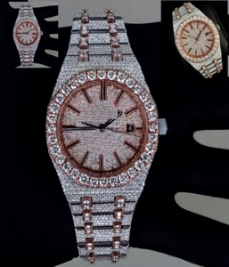 Reloj de Lujo para Hombre con Esfera de Cristal Moissanite VVS1 en Oro Rosa, Caja Redonda de Acero Inoxidable con Incrustaciones, Cierre de Brazalete, Resistencia al Agua de 10 Bares - Product Image 1