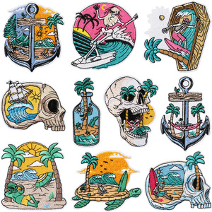 Parches bordados termoadhesivos y apliques bordados para coser, estilo punk, con motivos <span class=keywords><strong>de</strong></span> playa tropical, surf, calavera, onda, esqueleto, ancla y tortuga, al por mayor - Product Image 1