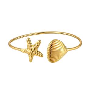 Brazalete Abierto de Acero Inoxidable Minimalista y Ligero para Mujer, con Diseño de Estrella de Mar y Concha, Joyería de Moda Diaria, Impermeable y Moderna - Product Image 1